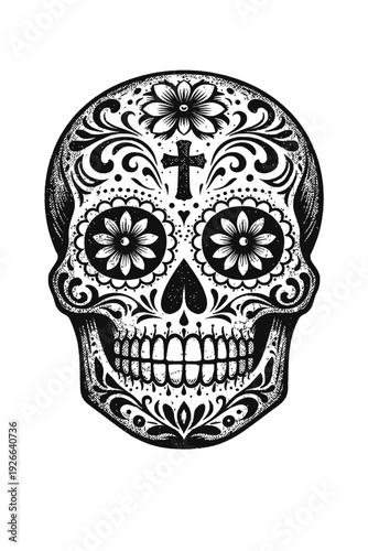 Exquisite black and white sugar skull illustration, intricately detailed with traditional Día de Muertos floral patterns, elegant scrollwork, and a prominent cross, perfectly capturing the vibrant spi