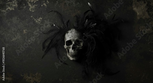 Skull with dark feathers si...