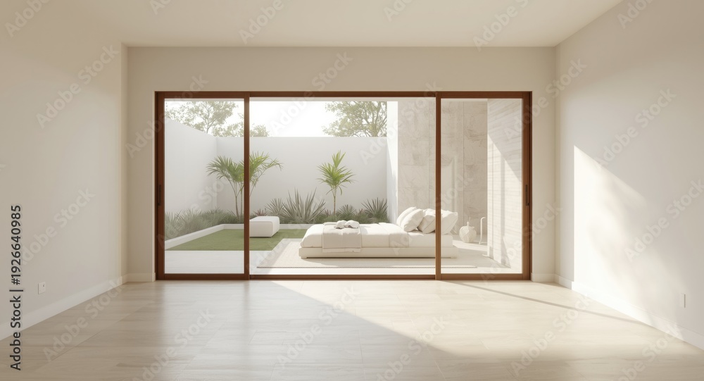 Fototapeta premium Calm indoor bedroom featuring expansive sliding glass door and landscaped yard blurred for creative design use