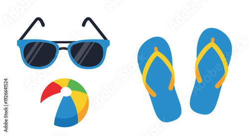 Bright blue sunglasses, blue flip-flops with yellow straps, and a small colorful beach ball are displayed on a white background.