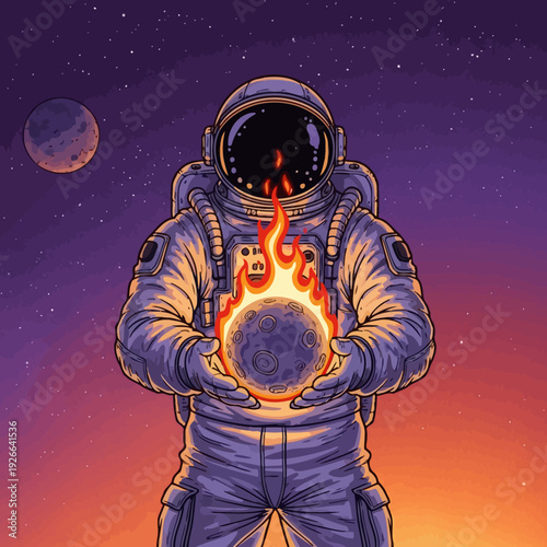 Astronaut holding burning planet in space isolated on White Background