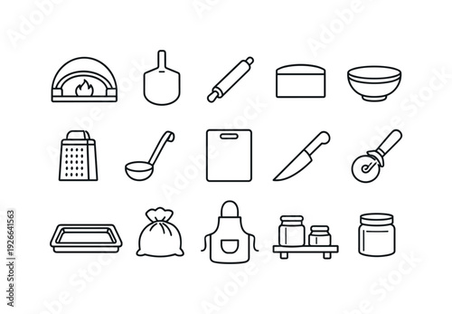 Home pizza making station: pizza oven, pizza peel, rolling pin, dough scraper, mixing bowl, cheese grater, sauce ladle, cutting board, chef knife