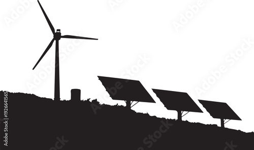 Black silhouette of wind turbine and solar panels on hill