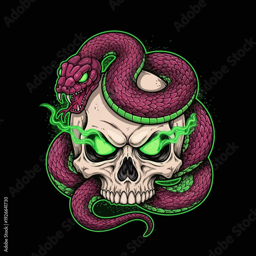 Skull with snake and green eyes vector illustration isolated on White Background