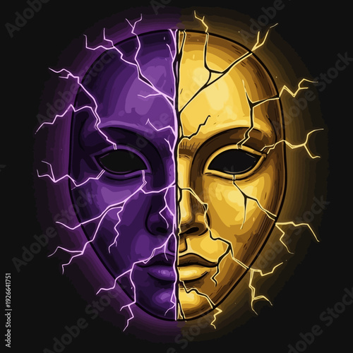 Split face mask with lightning isolated on White Background