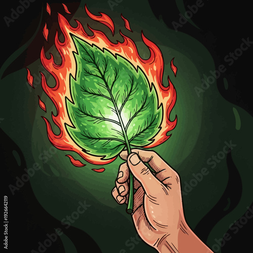 Hand holding green leaf surrounded by flames isolated on White Background