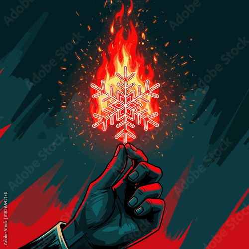 Hand holding burning snowflake isolated on White Background