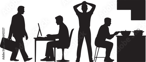 Black silhouettes of people in different work and kitchen settings