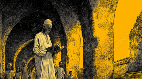 An elderly  swahili man in traditional muslim white attire (kanzu) stands amidst ancient stone pillars, reading a book in Kilwa.