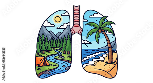 Human lungs illustration with serene landscape and beach scene inside, showcasing healthy respiratory system