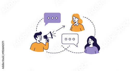 Group communication illustration showing people interacting and sharing ideas in a collaborative environment from a top-down viewpoint
