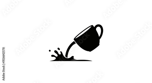 A black coffee cup spills its contents onto a flat surface viewed from the side in a simple illustration