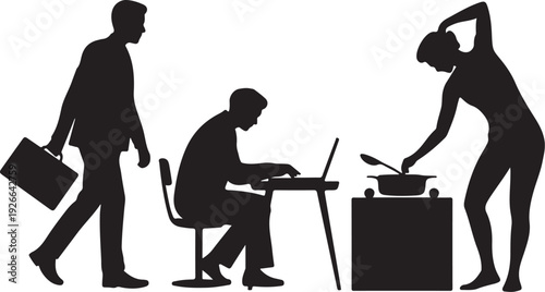 Black silhouettes of people working and cooking office work
