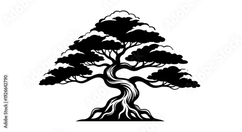 Ancient tree with twisted trunk and sprawling branches viewed from the side in a serene landscape