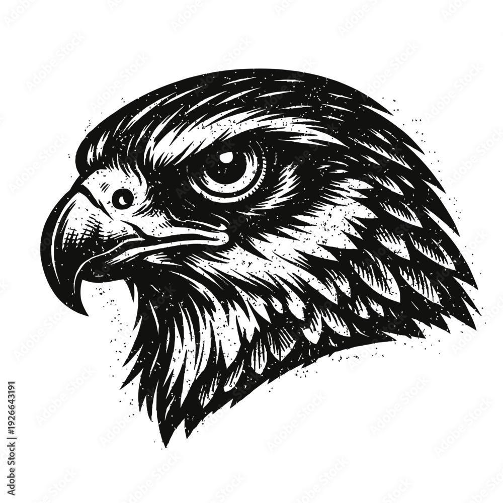 Obraz premium Majestic Black & White Eagle Head Vector Art with Gritty Textured Detail – Powerful Avian Illustration for T-Shirts, Logos, Tattoos, and Brand Identity – Striking Wildlife Bird of Prey Artwork Design.