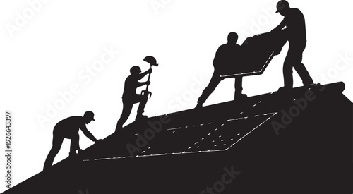 Black silhouettes of workers installing roofing construction