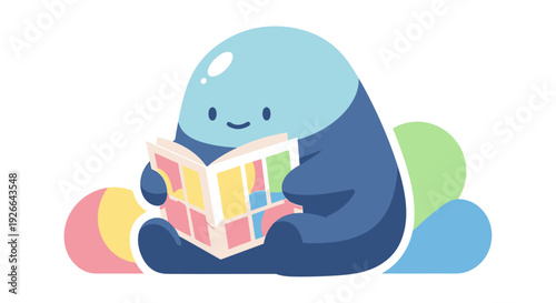 A smiling blue blob engrossed in a comic book illustration surrounded by colorful shapes