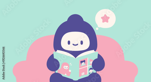 A cartoon person reading a comic book with a thought bubble above their head