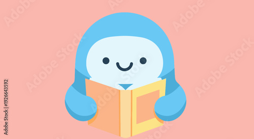 A smiling character in blue cloak reading a comic book in a relaxed pose illustration