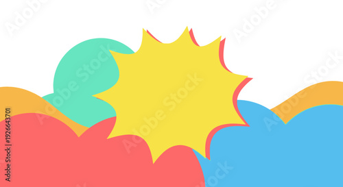 A vibrant and abstract background with a bright yellow starburst shape in the center, surrounded by colorful, wavy cloud-like forms in red, teal, and blue.