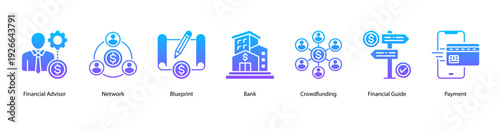 Financial Services web banner vector illustration featuring Financial Advisor, Network, Blueprint, Bank, Crowdfunding, Financial Guide, and Payment.