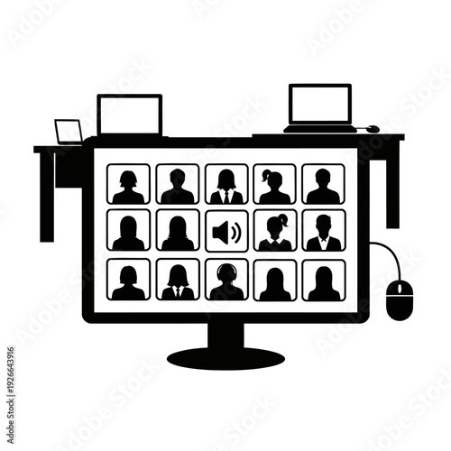 A computer monitor displays a video conference with multiple participants