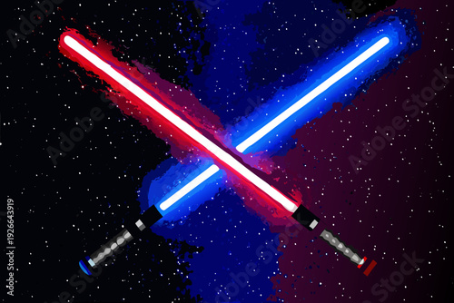 Two lightsabers red and blue clash against a starry dark background
