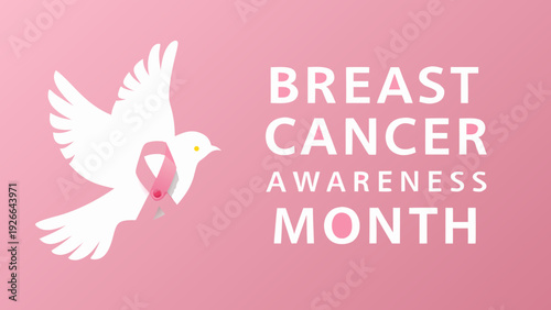 A white dove flies towards a pink heart with breast cancer awareness text