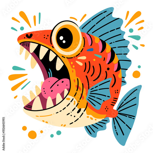 Colorful piranha fish with gaping mouth and sharp teeth in cartoon style for children book, sticker, t-shirt design. Vector illustration