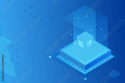 Abstract isometric design featuring glowing blue cubes and digital elements