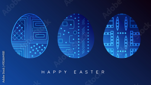 Abstract easter eggs with circuit board and dotted patterns on blue