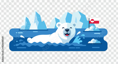 Illustration of a polar bear swimming in icy waters with icebergs and a red airplane flying overhead on a transparent background.