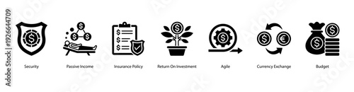 Investment and Security web banner vector illustration featuring Security, Passive Income, Insurance Policy, Return On Investment, Agile, Currency Exchange, and Budget.