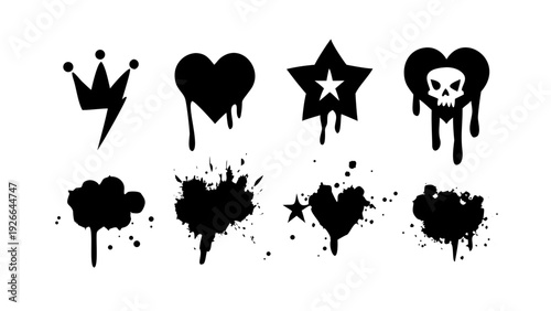 Urban graffiti spray paint element set. Street art icons with drips, splatters, and grunge texture. Set of arrow, cloud, skull, crown, star, lightning and heart. Graffiti icons with spray paint effect