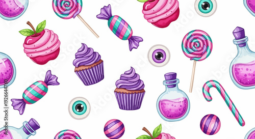 Halloween candy and potion seamless pattern. Includes lollipops, wrapped candies, caramel apples, cupcakes, eyeballs, potion bottles, and candy canes. Created in cartoon style with purple and