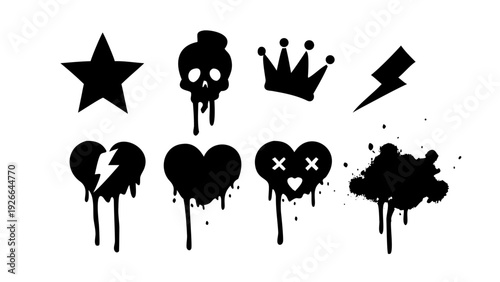 Urban graffiti spray paint element set. Street art icons with drips, splatters, and grunge texture. Set of arrow, cloud, skull, crown, star, lightning and heart. Graffiti icons with spray paint effect