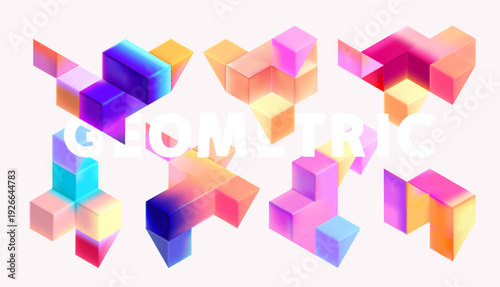 Set of multicolor isometric  triangles and  cubes. Glass iridescent geometric shape.