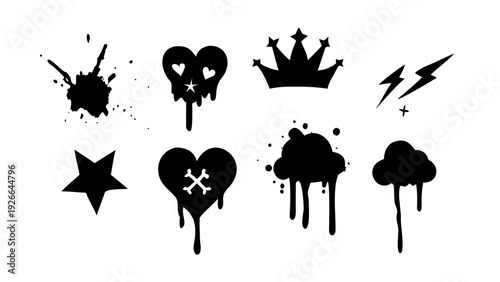 Urban graffiti spray paint element set. Street art icons with drips, splatters, and grunge texture. Set of arrow, cloud, skull, crown, star, lightning and heart. Graffiti icons with spray paint effect