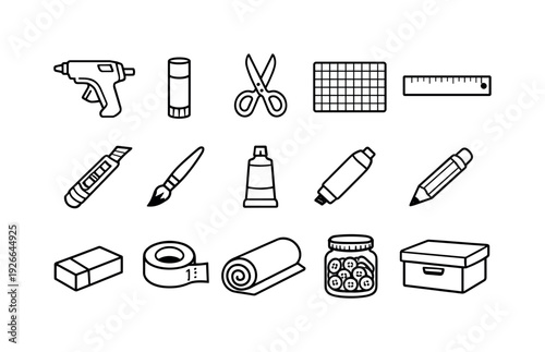 Craft workshop supplies: glue gun, glue stick, scissors, cutting mat, ruler, craft knife, paint brush, paint tube, marker, pencil, eraser, tape roll