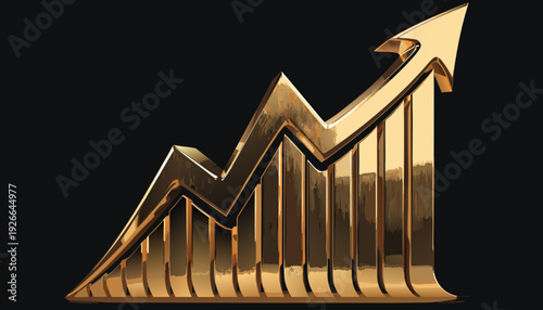 A gold 3D bar chart with an upward trend arrow on a black background