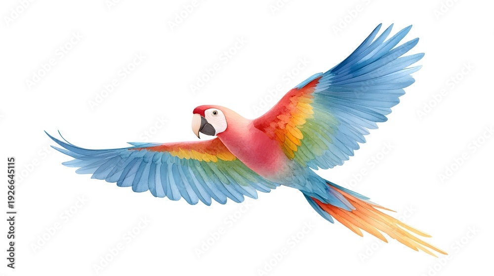 Fototapeta premium ic watercolor illust n of a vibrant colorful parrot captured mid flight wings spread wide revealing detailed feather textures and soft gradients on a pure white backdrop