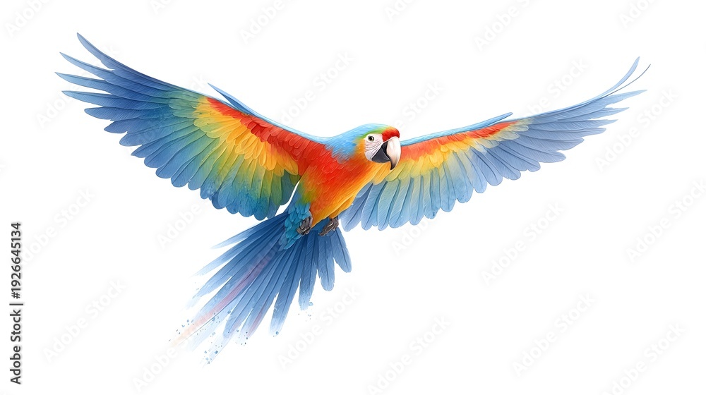 Fototapeta premium Detailed watercolor art depicts a dynamic flying parrot with vibrant blue red yellow and green feathers showcasing soft gradients and natural brush strokes on a crisp white backdrop