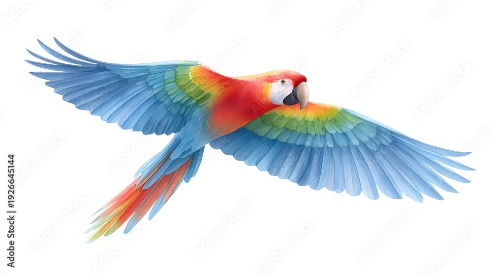 Fototapeta premium Detailed watercolor illust n of a vibrant parrot in dynamic flight showcasing spread wings with colorful blue red yellow and green feathers