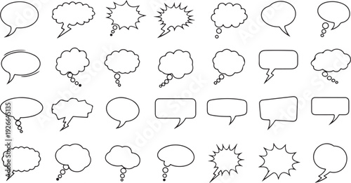 Collection of diverse speech and thought bubble designs in monochrome line art style
