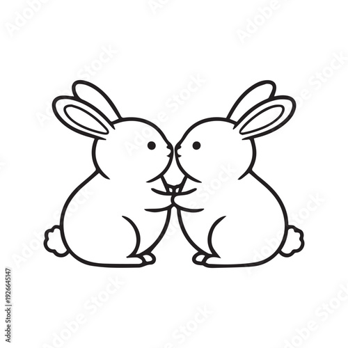 Vector illustration of two cute cartoon rabbits hugging. Black and white line art of happy bunnies cuddling cheek to cheek.
