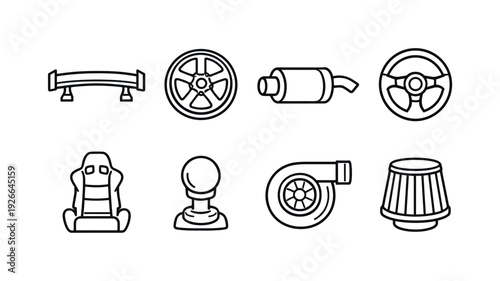 Car tuning parts: spoiler, alloy wheel, exhaust pipe, steering wheel, racing seat, gear knob, turbocharger, air filter