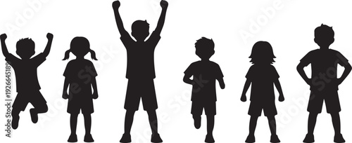 Silhouettes of six children celebrating with different joyful poses in a line