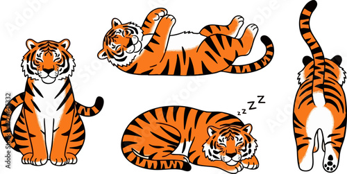 Tiger poses vector collection. Includes sitting, lying on back, sleeping, and walking away views. Created in cartoon style with orange and black palette.