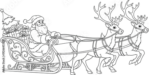Santa Claus riding in a vintage sleigh pulled by reindeer with Christmas tree and presents coloring page for kids and adults