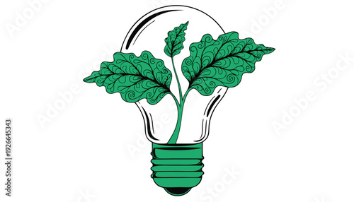A green plant growing inside a light bulb, symbolizing eco-friendly ideas and sustainable living.